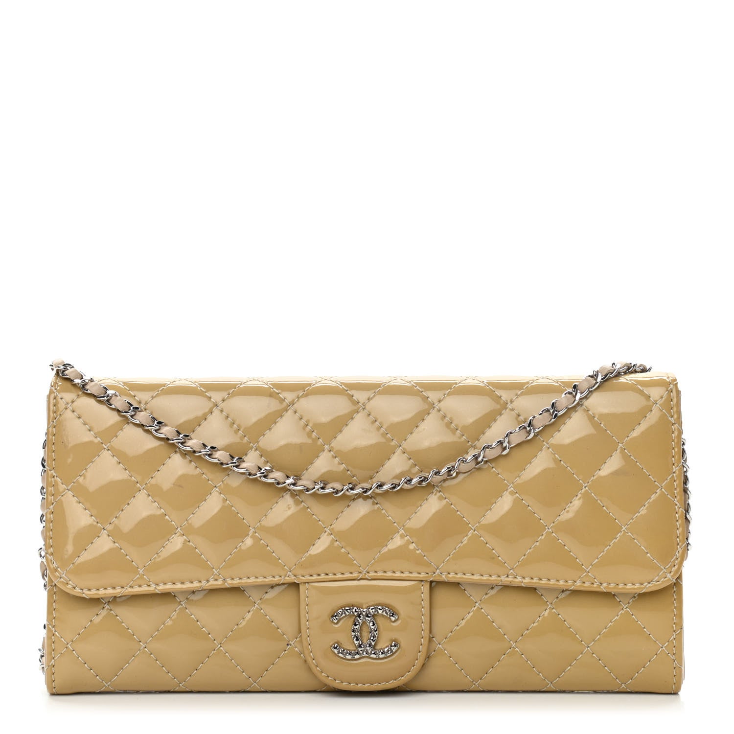 Chanel Patent Calfskin Quilted Brilliant East West Flap Clutch Beige 1 of 11