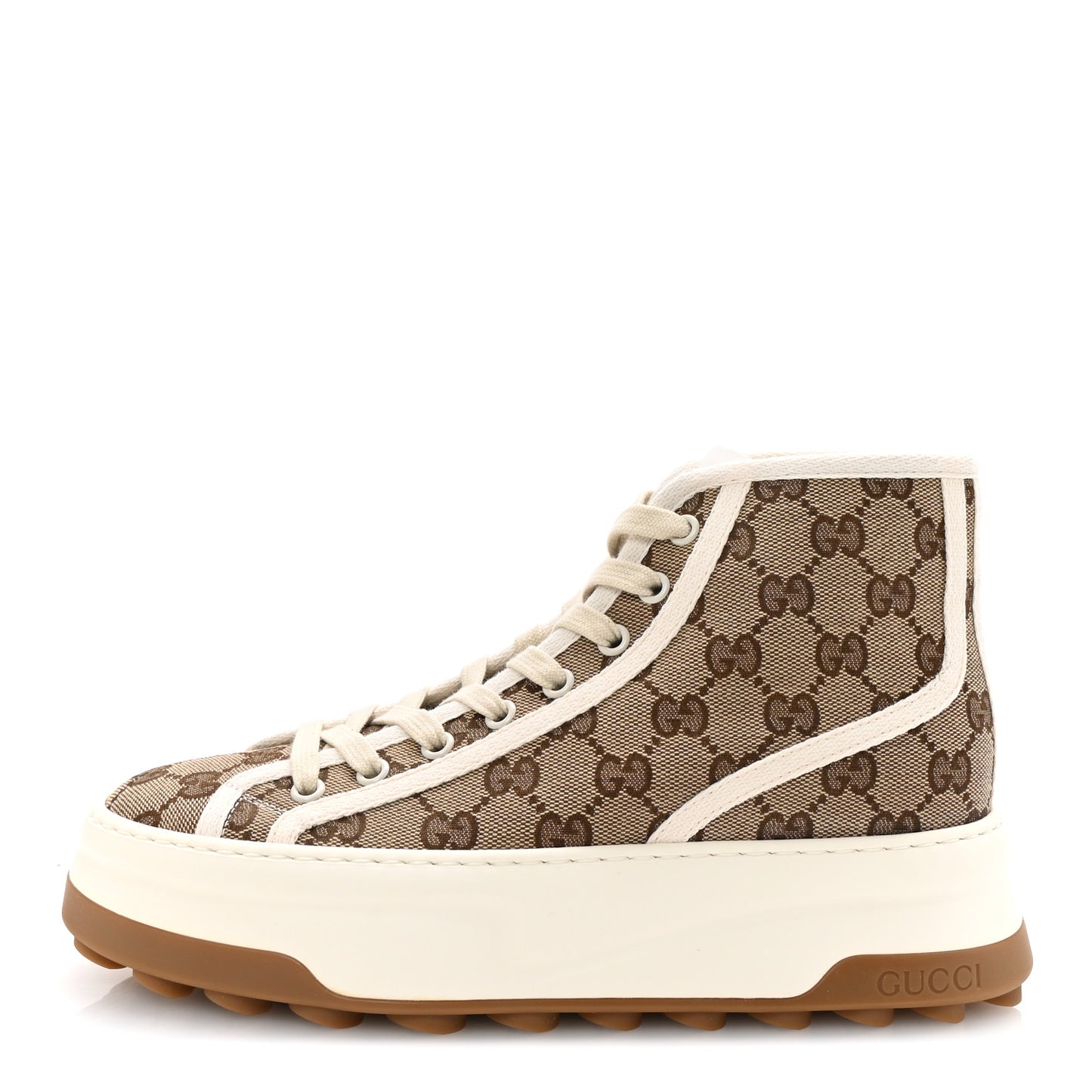 New Canvas GG Monogram Womens Tennis 1977 High Top 55mm Platform Sneakers 37.5 Beige Ebony Mystic White