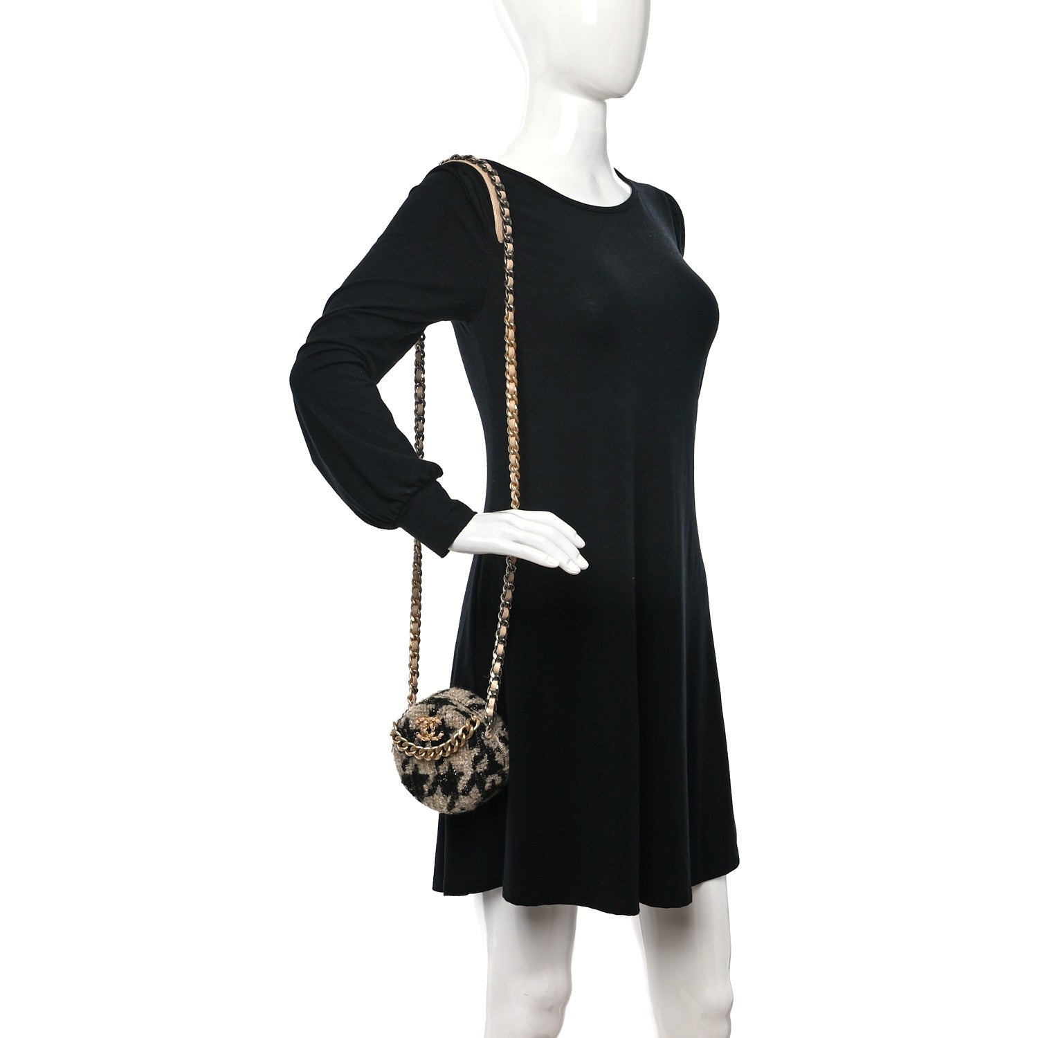 Chanel Wool Tweed Lambskin Quilted Chanel 19 Round Clutch With Chain and Coin Purse Beige Black 2 of 10