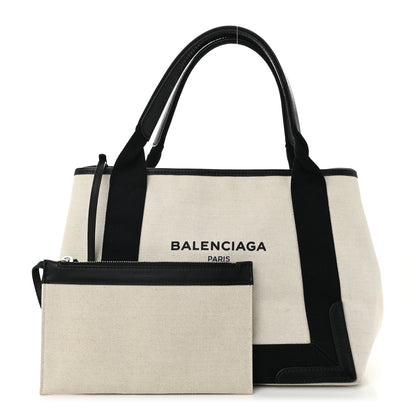 Balenciaga Cotton Canvas Satin Calfskin S Navy Cabas Natural Black 3 of 12
