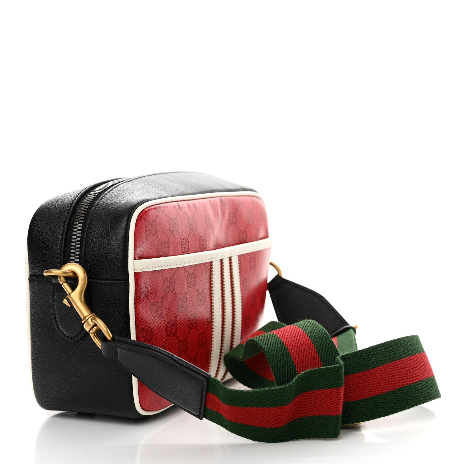 Gucci X ADIDAS Crystal Vintage Monogram Textured Dollar Calfskin Web Trefoil Logo Small Messenger Bag Hibiscus Red Off White Black 3 of 11