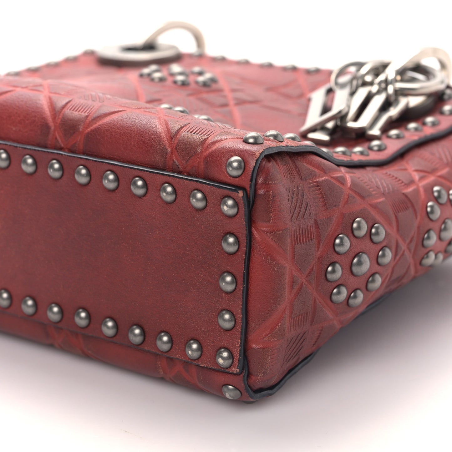 Calfskin Embossed Cannage Flower Studded Mini Lady Dior Bag Red
