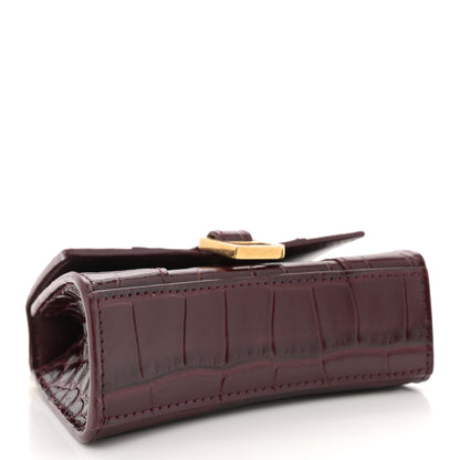 Balenciaga Shiny Calfskin Crocodile Embossed Hourglass Top Handle Bag Mini with Chain Dark Red 4 of 12