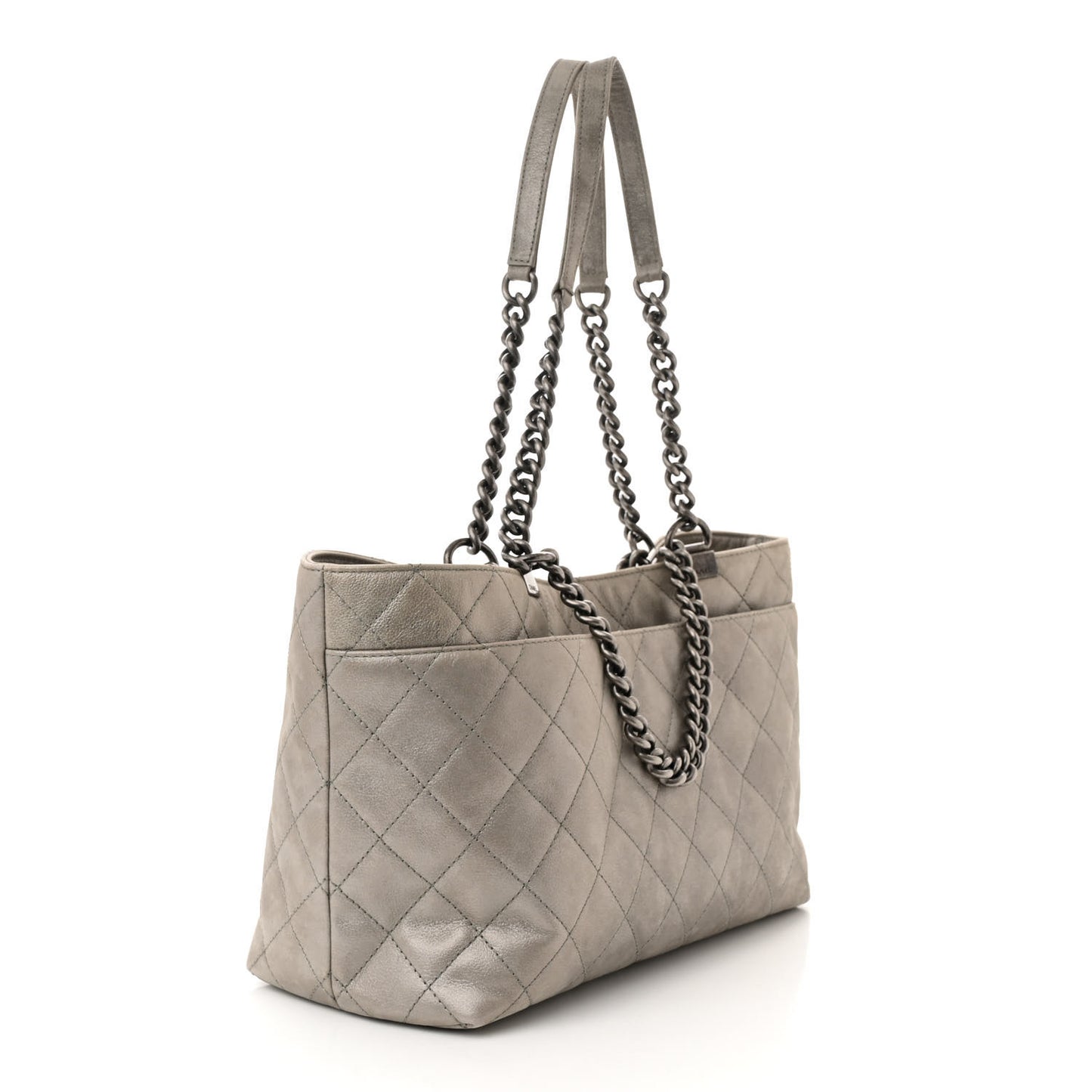 Metallic Calfskin Quilted Small Shopping In Chains Tote Silver