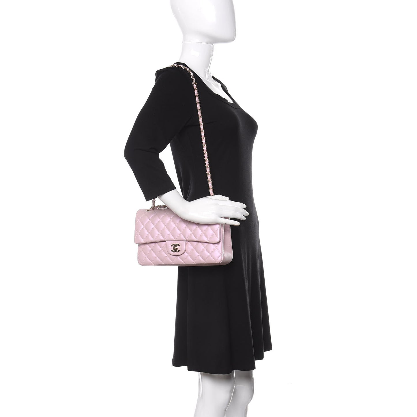 Iridescent Calfskin Quilted Medium Double Flap Light Pink