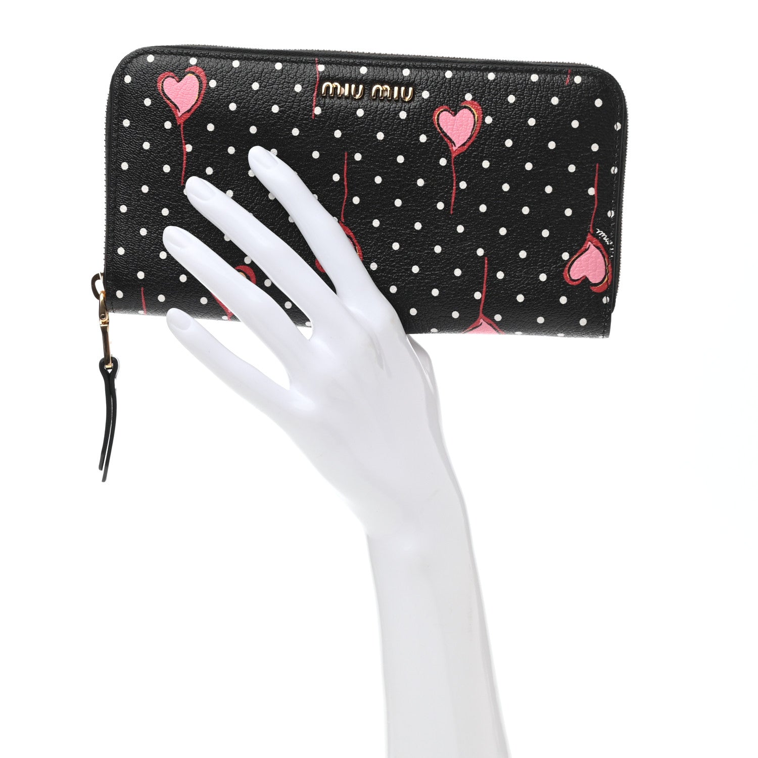 Miu Miu Goatskin Madras Heart Print Zip Around Wallet Black Rose 2 of 7