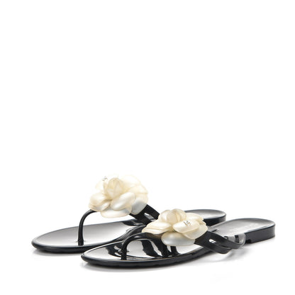 Chanel Jelly Camellia Thong Sandals 39 Black Ivory 3 of 9