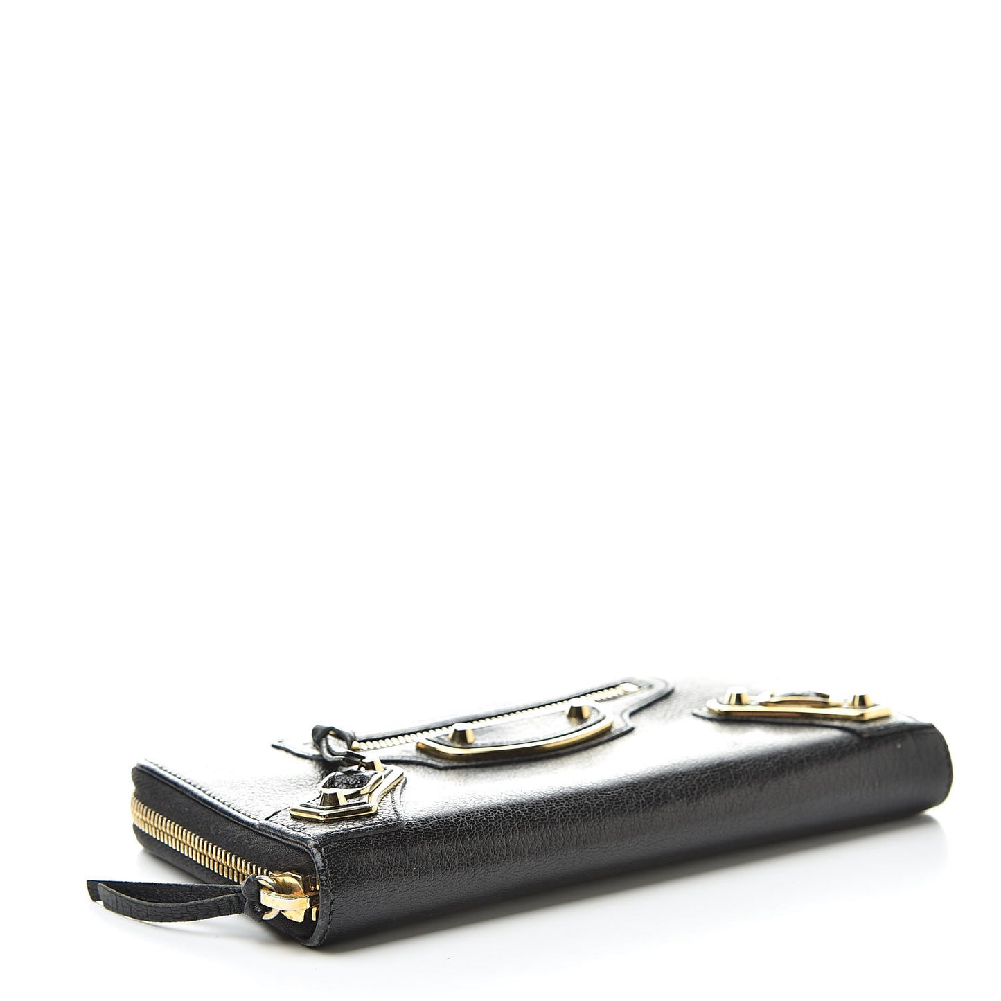 Chevre Gold Metallic Edge Hardware Zip Around Wallet Black
