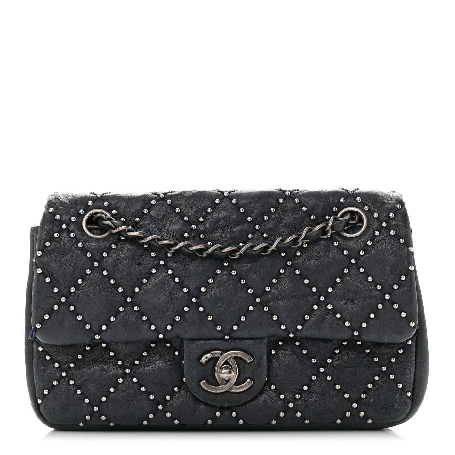 Washed Lambskin Studded Metal Beauty Flap Navy