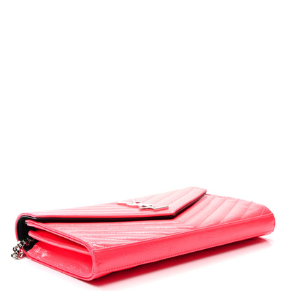 Saint Laurent Patent Grain De Poudre Matelasse Chevron Monogram Chain Wallet Neon Pink 4 of 11