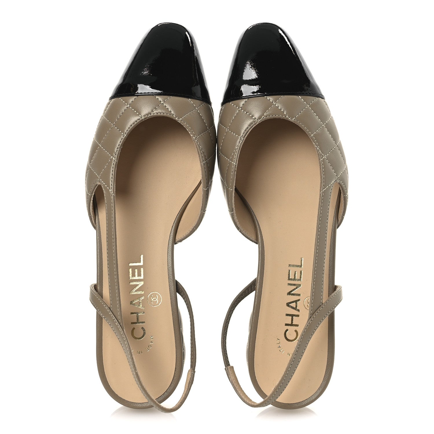 Chanel Lambskin Patent Cap Toe CC Slingback Flats 38 Beige Black 2 of 11