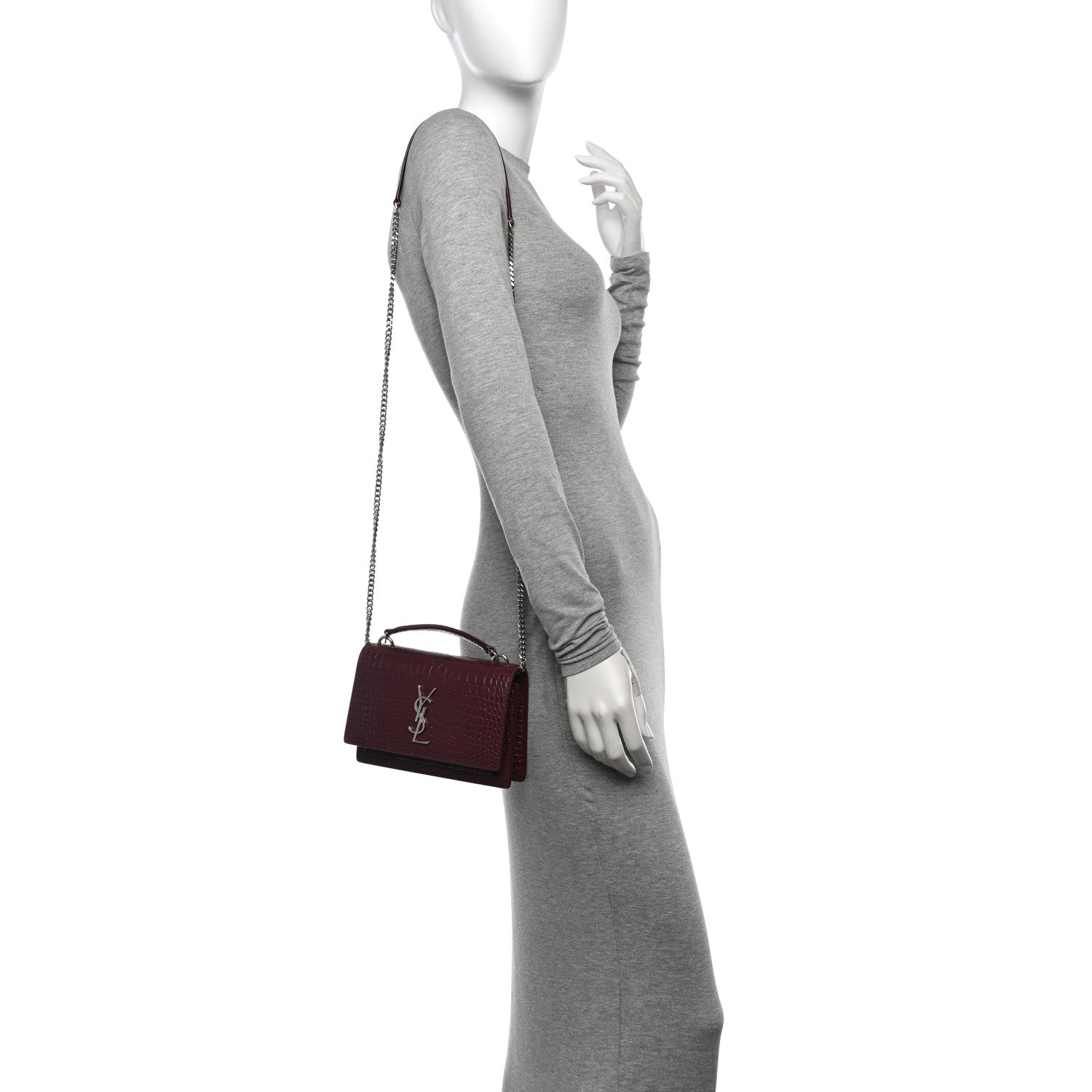 Saint Laurent Calfskin Crocodile Embossed Monogram Sunset Top Handle Chain Wallet Rouge Legion 2 of 9