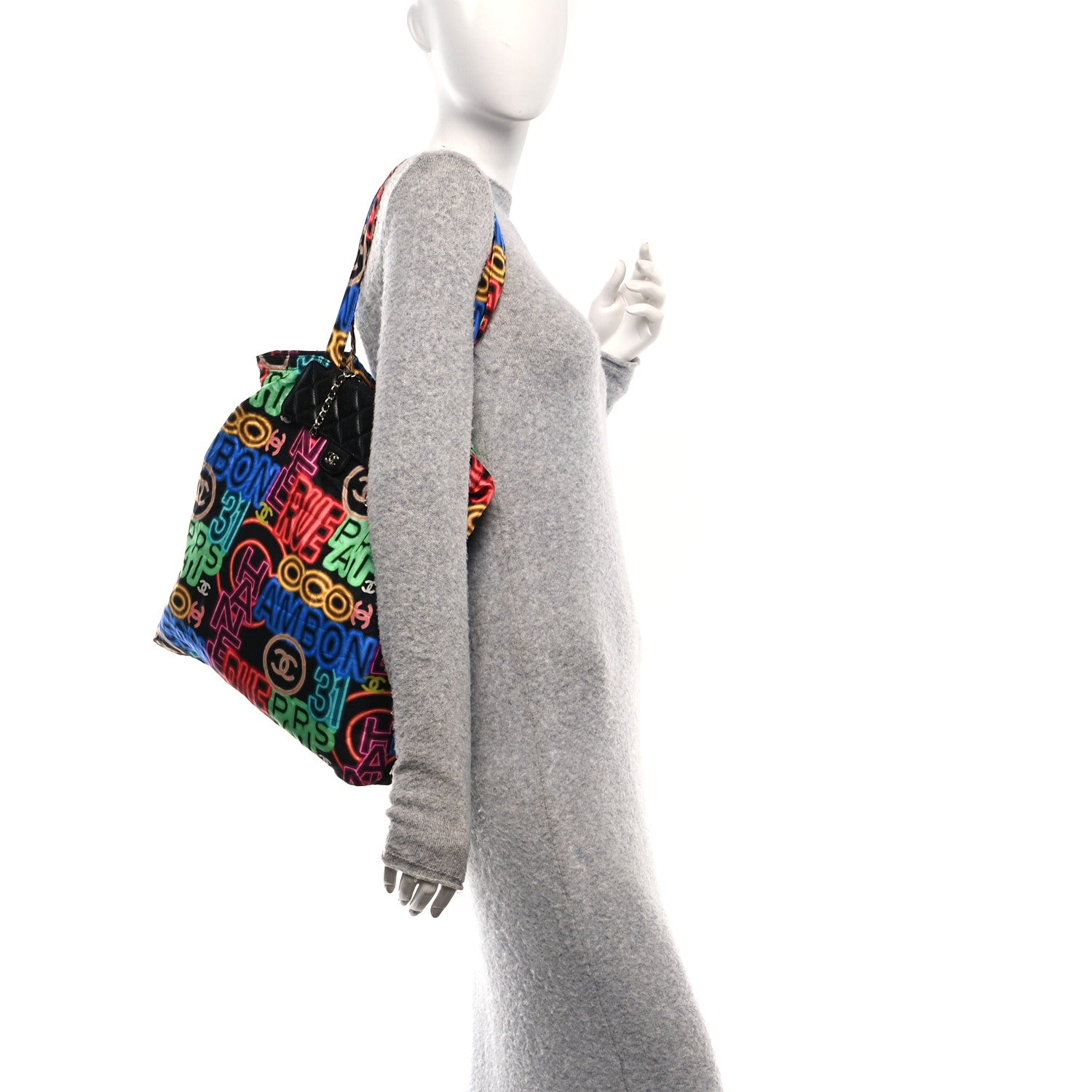 Chanel Caviar Fabric Graffiti Foldable Tote Bag With Chain Black Multicolor 2 of 11