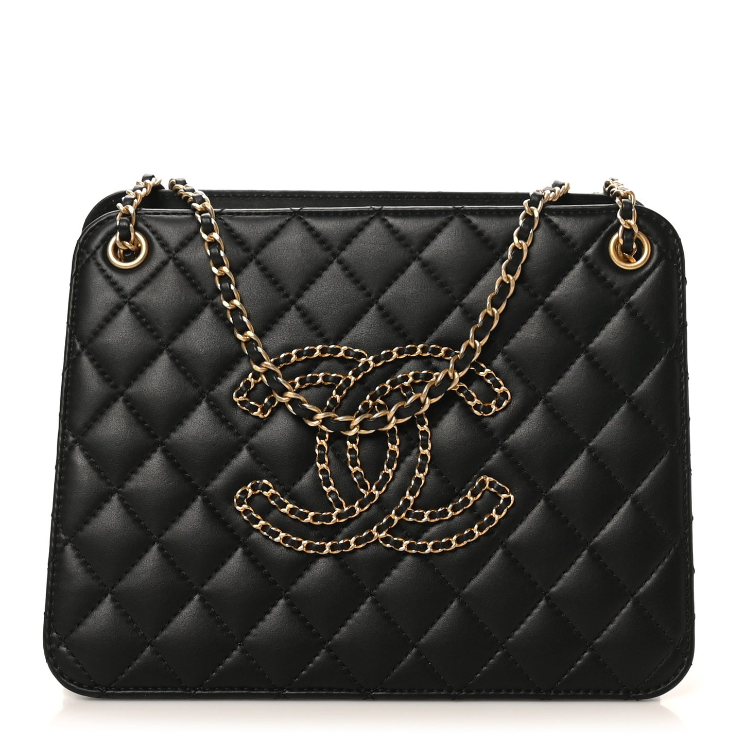 Calfskin Quilted CC Chain Accordion Tote Black