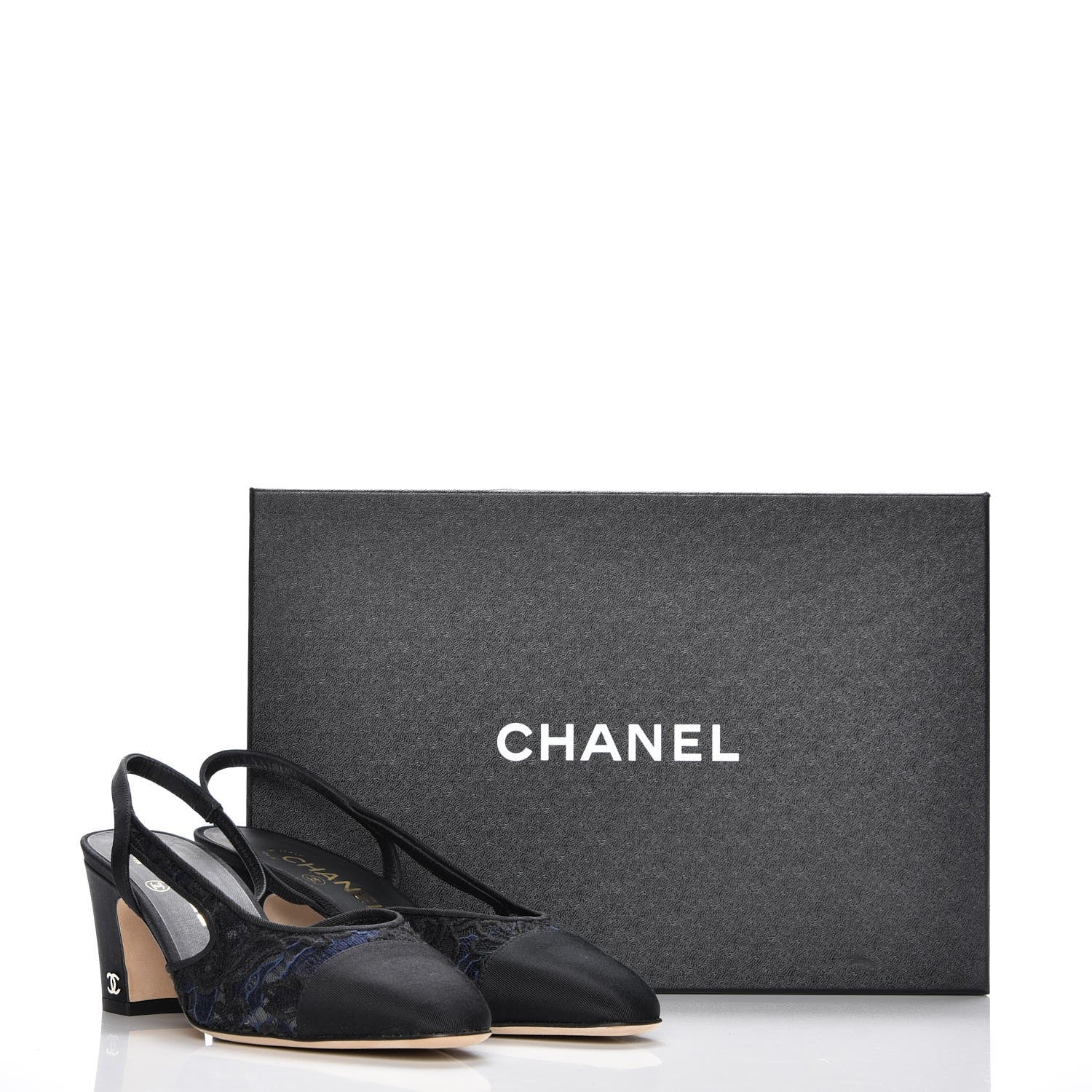 Chanel Lace Grosgrain Cap Toe CC Slingback Pumps 37 Navy Black 9 of 9