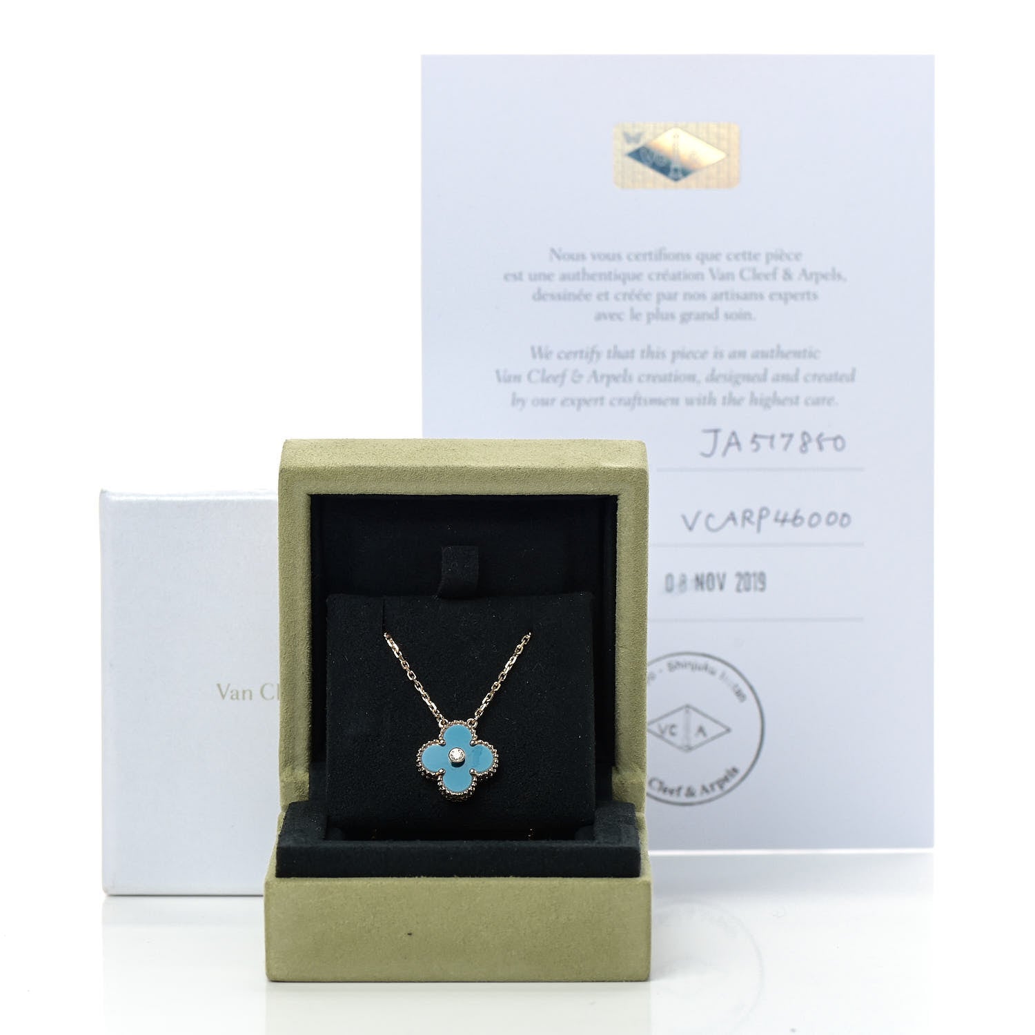 Van Cleef & Arpels 18K Yellow Gold Diamond Celestial Blue Sevres Porcelain Vintage Alhambra Pendant Necklace 6 of 6