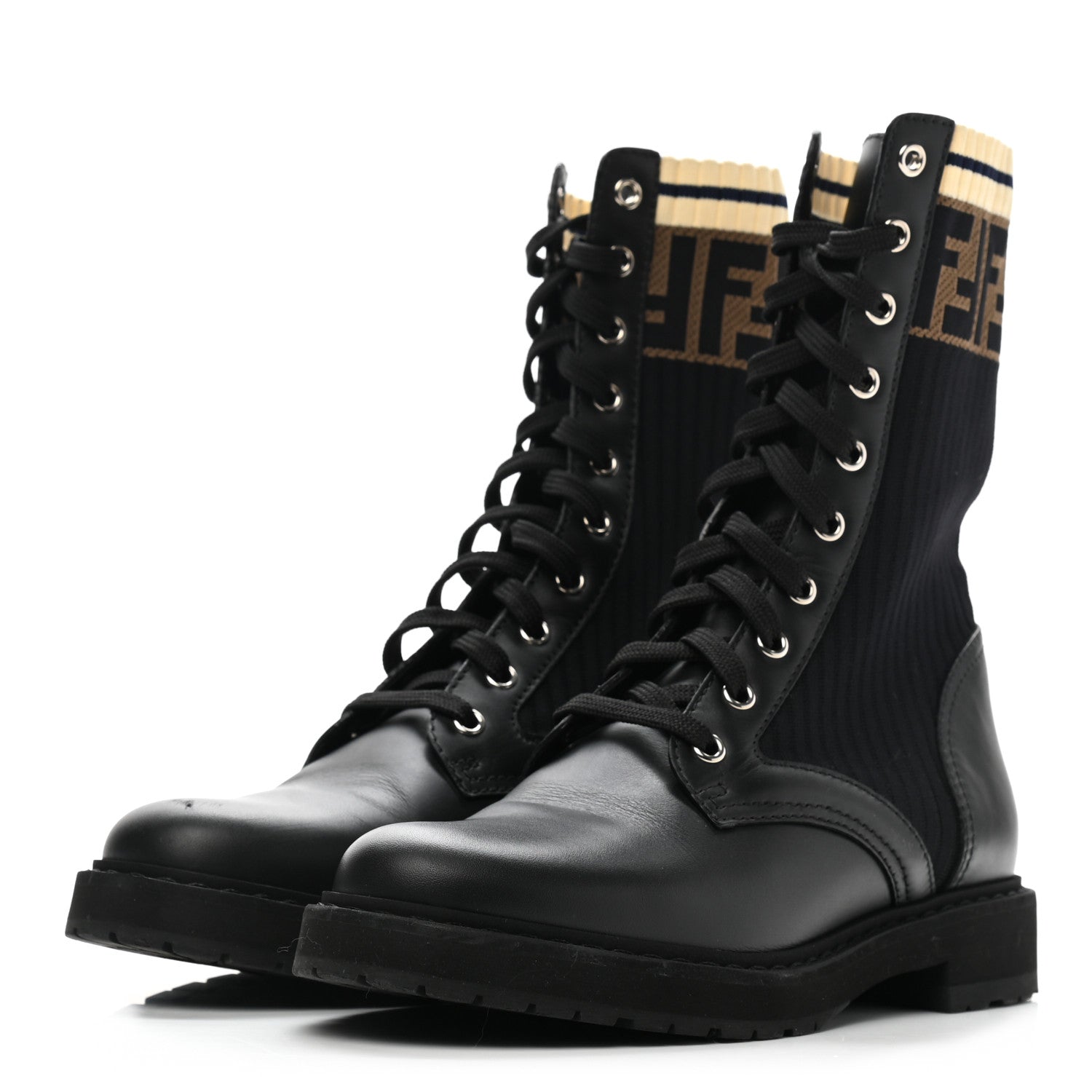 Fendi Calfskin Stretch Fabric Rockoko Biker Boots 37 Tobacco Black Marino 3 of 7