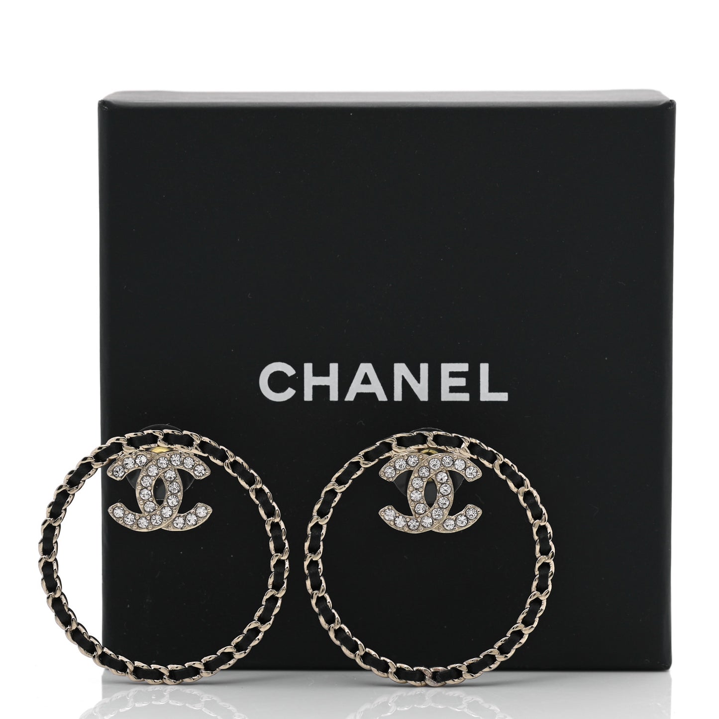 Crystal Lambskin CC Chain Hoop Earrings Gold Black