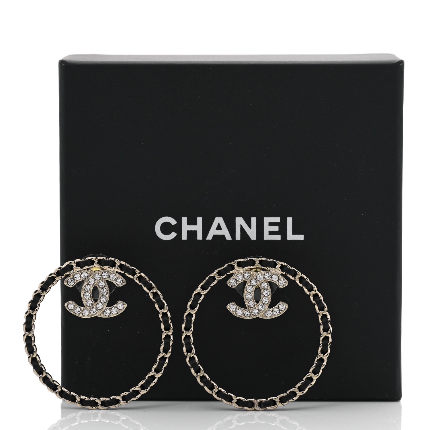 Chanel Crystal Lambskin CC Chain Hoop Earrings Gold Black 4 of 4
