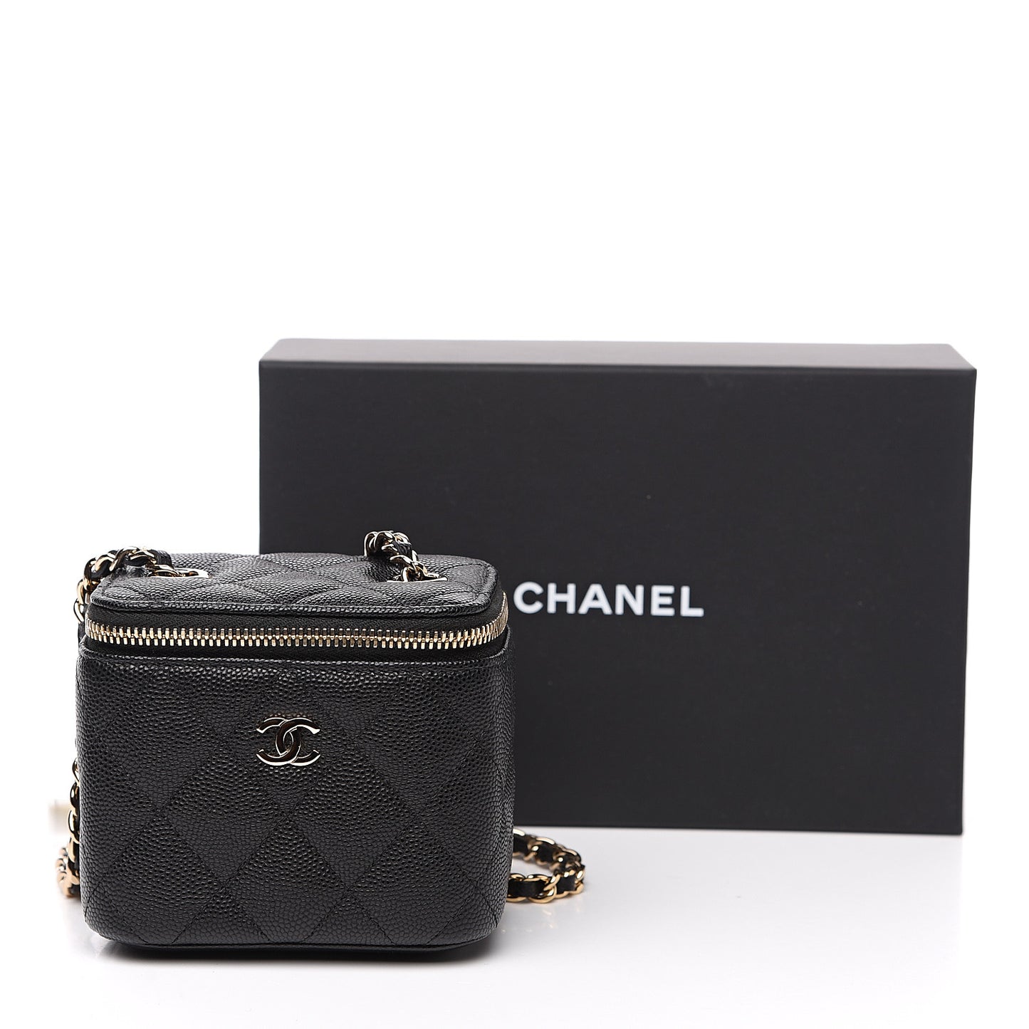 Caviar Quilted Mini Vanity Case With Chain Black