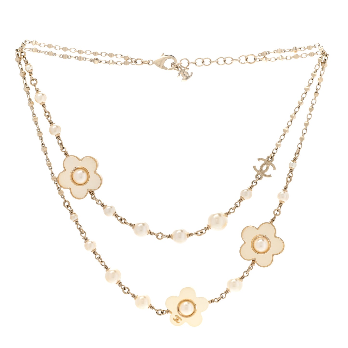 Pearl Bead CC Flower Necklace Gold