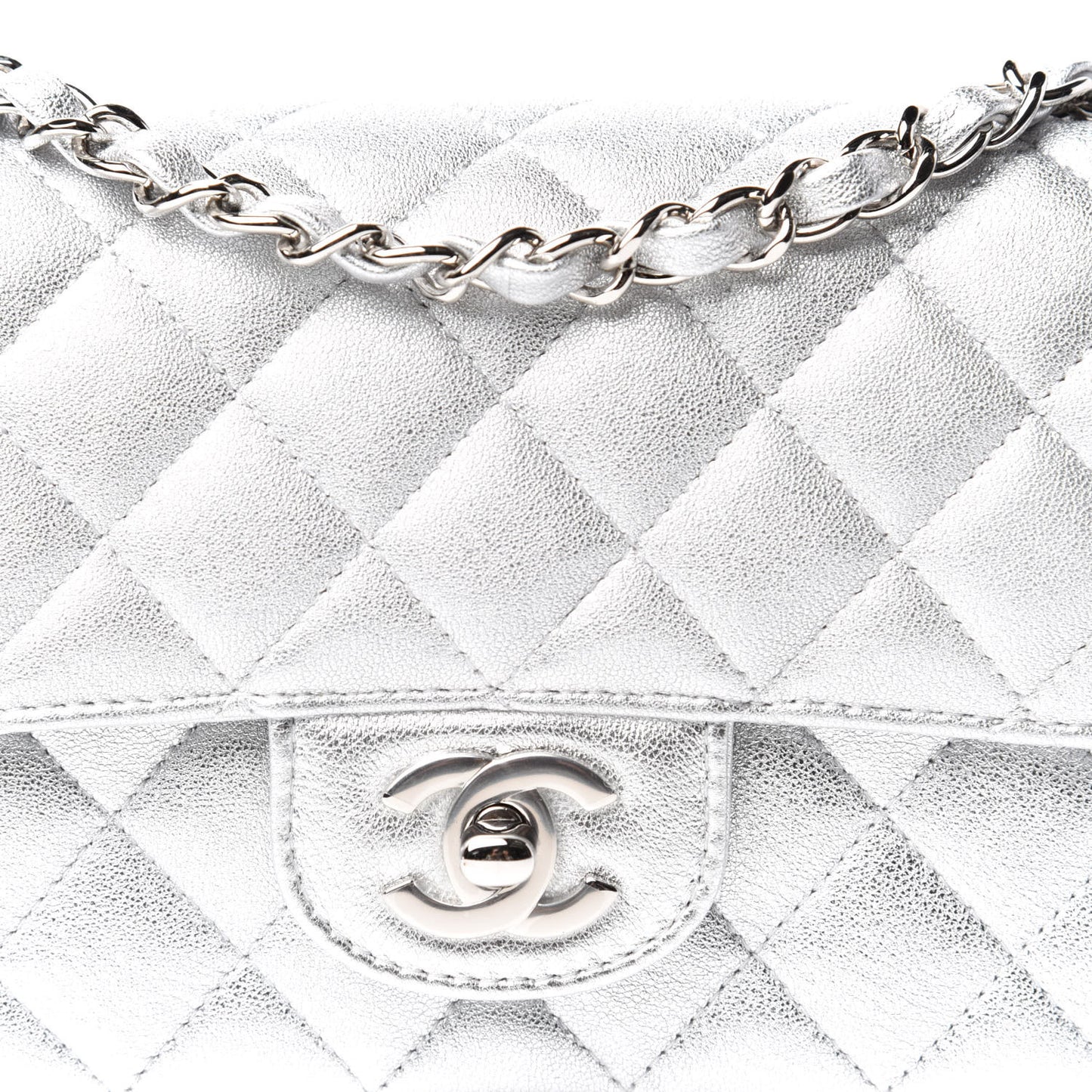 Metallic Lambskin Quilted Mini Rectangular Flap Silver