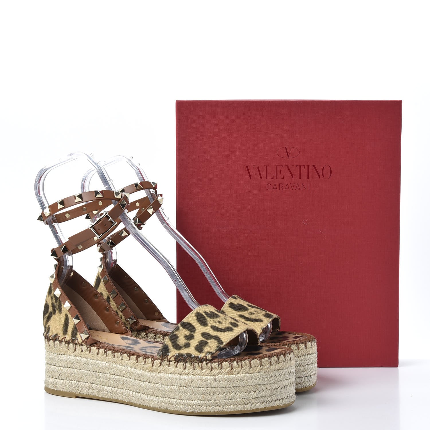 Valentino Garavani Canvas Leopard Print Rockstud Ankle Wrap Espadrille Flatform Sandals 39 Brown 10 of 10