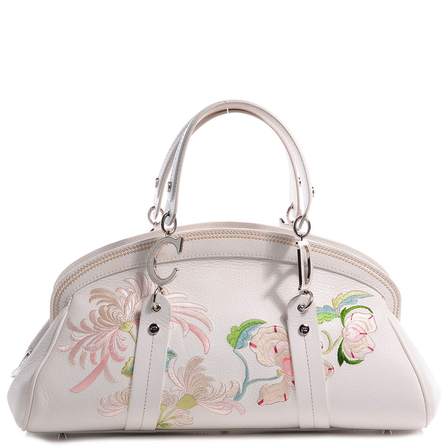 Grained Calfskin Vintage Flowers Frame Satchel White