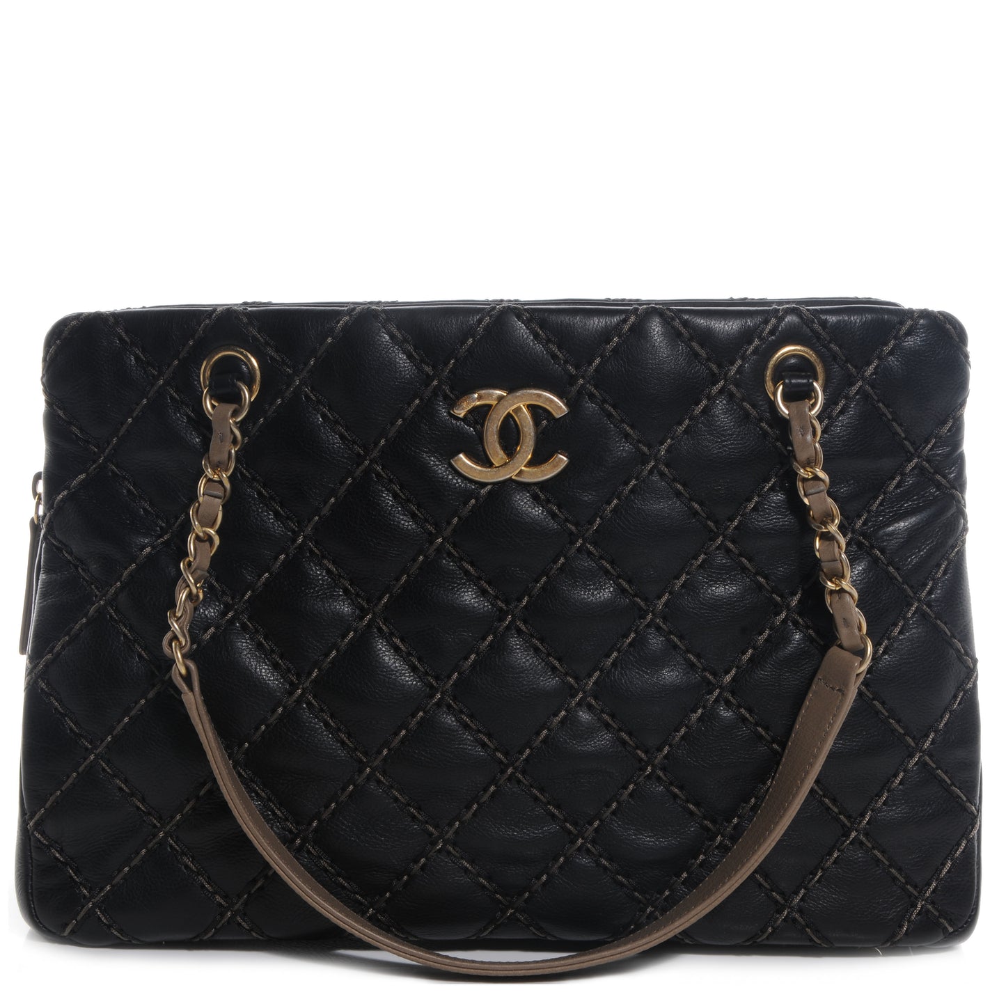 Calfskin Double Contrast Stitch Large Tote Black