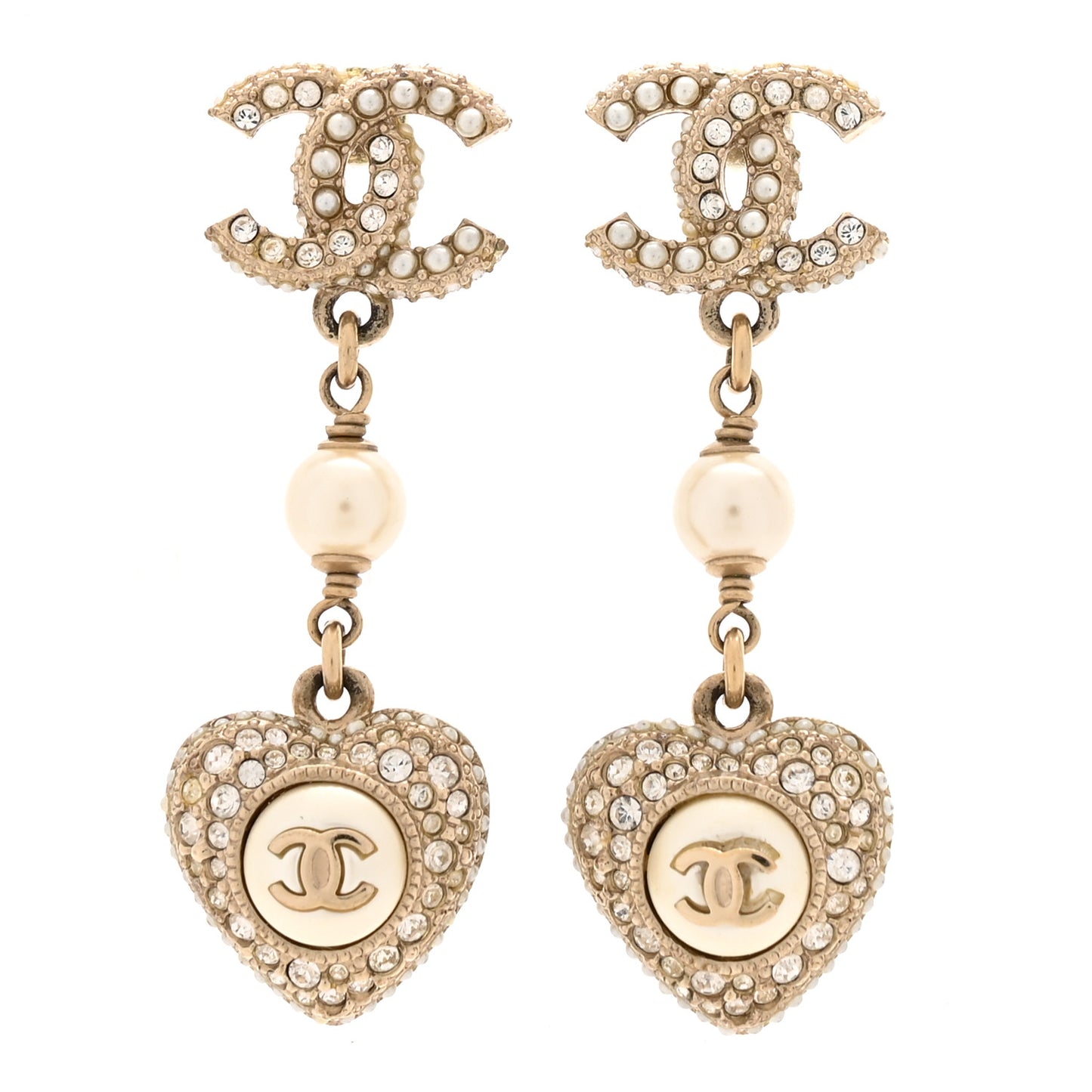 Pearl Crystal CC Heart Drop Earrings Gold White
