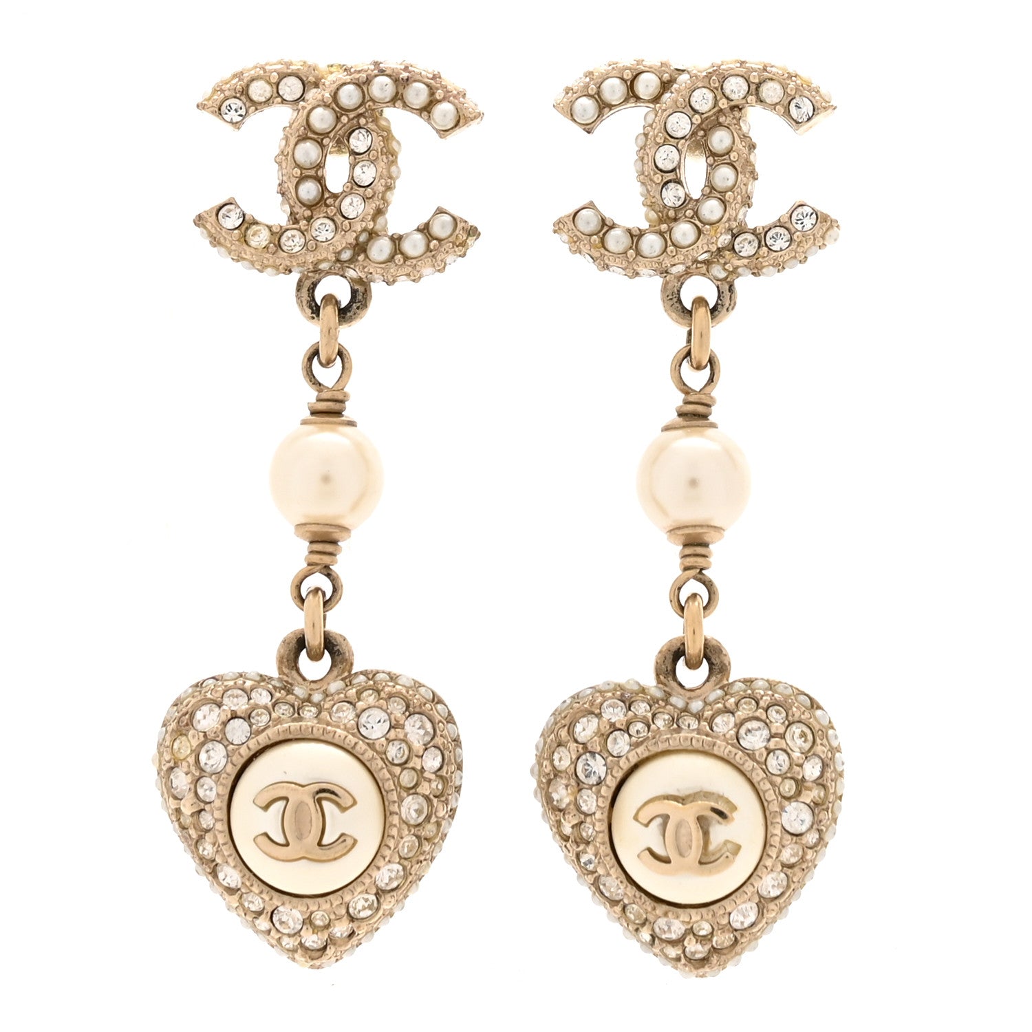 Chanel Pearl Crystal CC Heart Drop Earrings Gold White 1 of 5