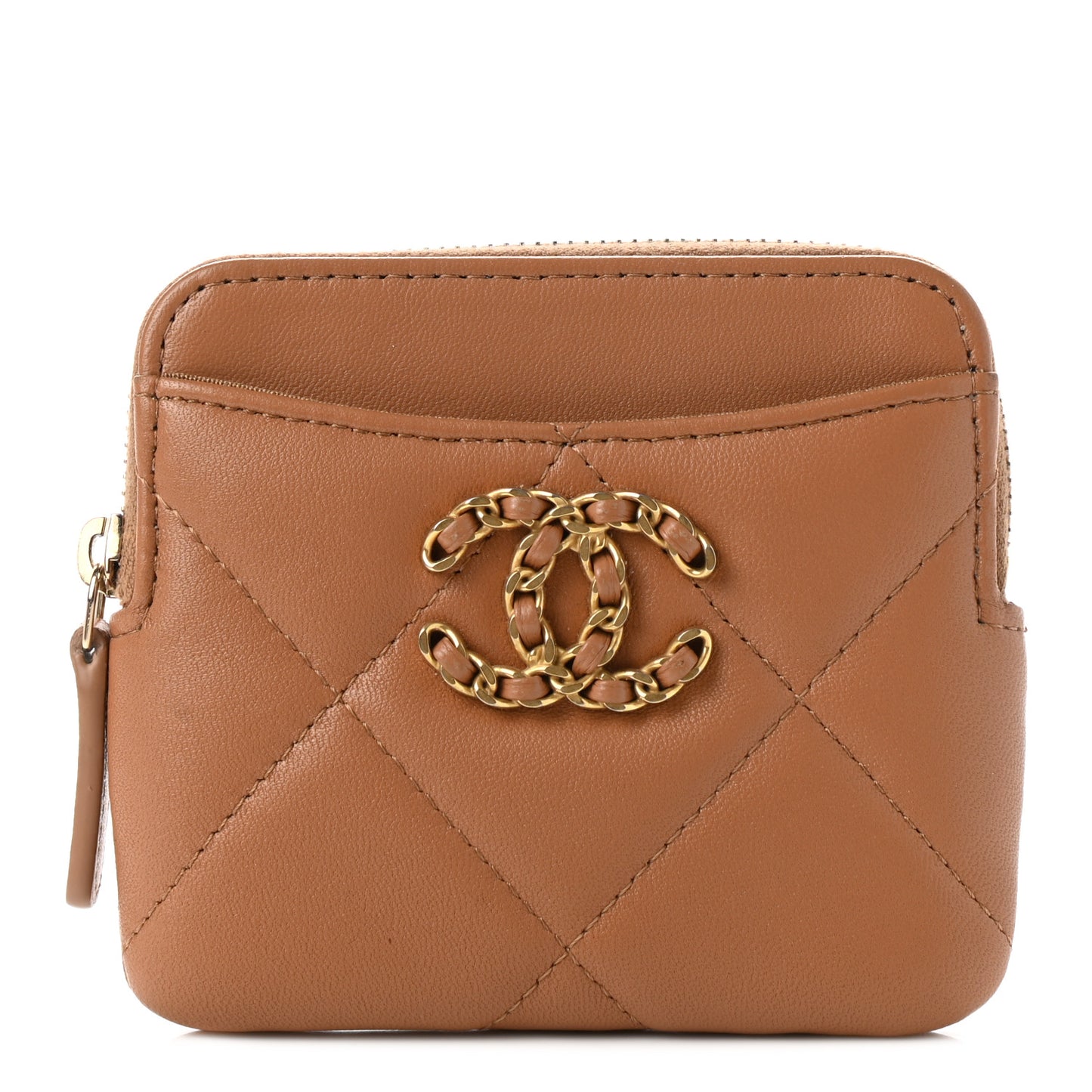 Lambskin Quilted Chanel 19 Zip Card Holder Wallet Brown
