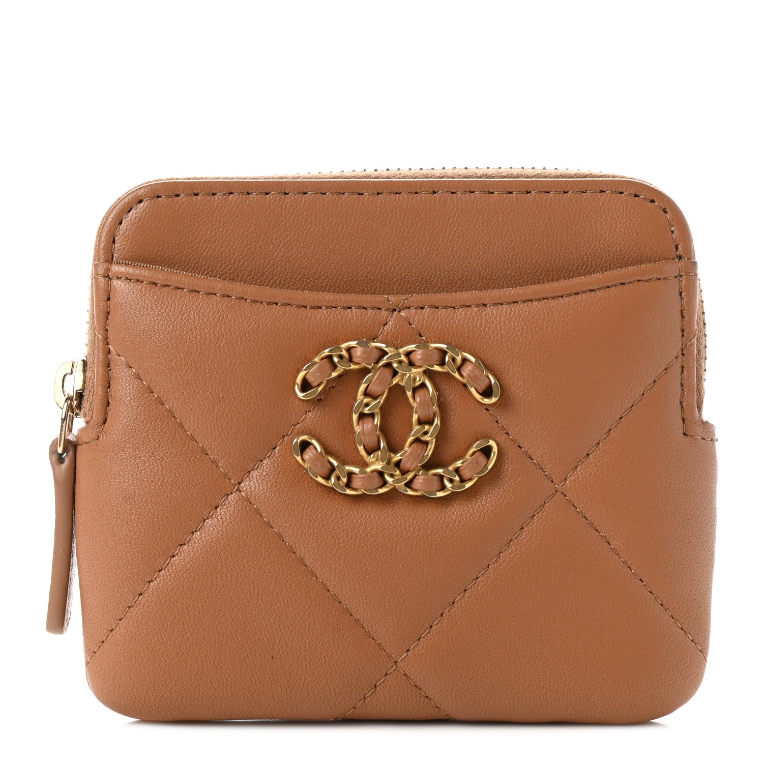 Chanel Lambskin Quilted Chanel 19 Zip Card Holder Wallet Brown 1 of 8