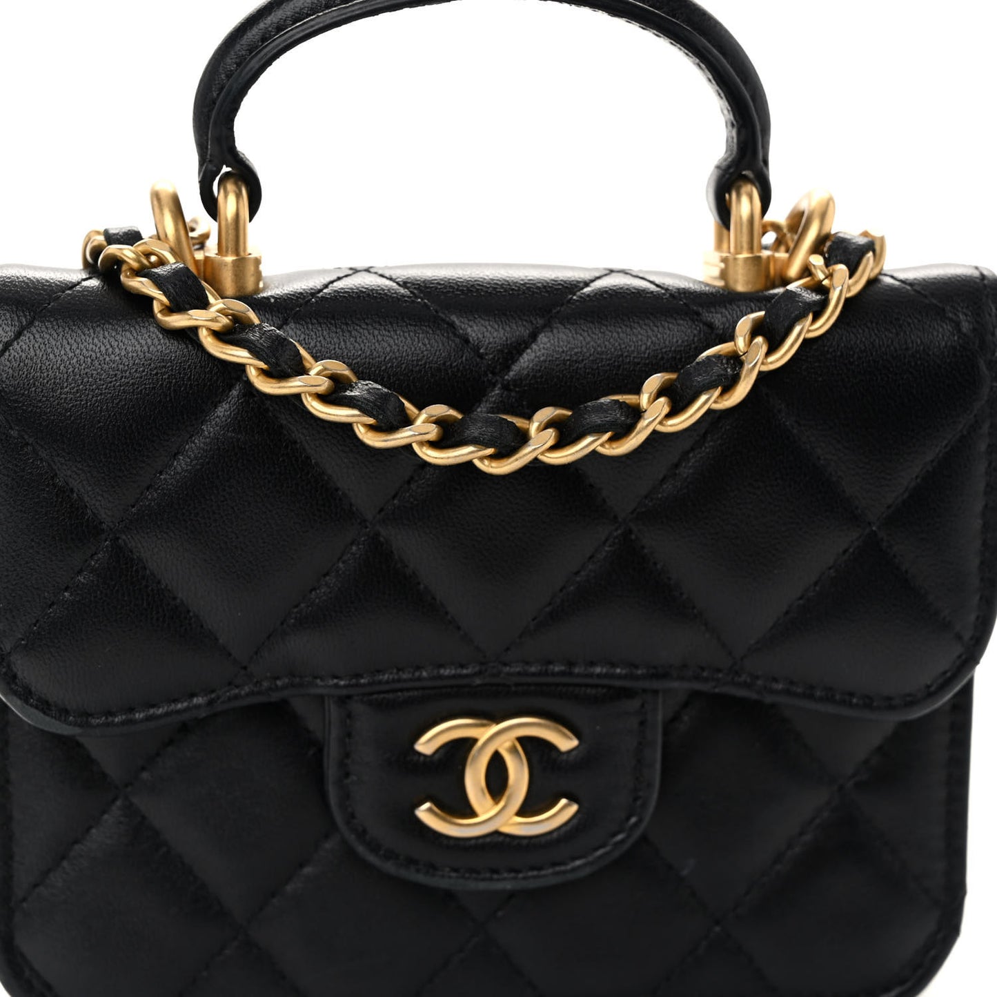Lambskin Quilted Top Handle Flap Coin Purse With Chain Black