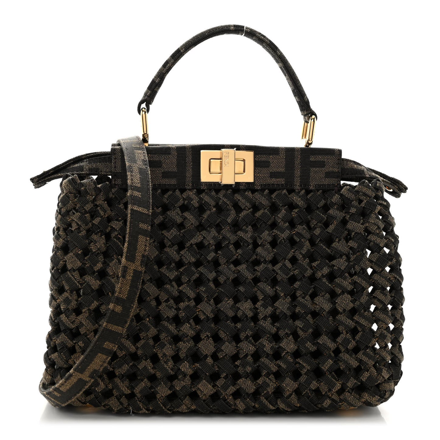 Fabric Jacquard FF 1974 Woven Knotted Mini Peekaboo Iconic Satchel Tobacco Moro