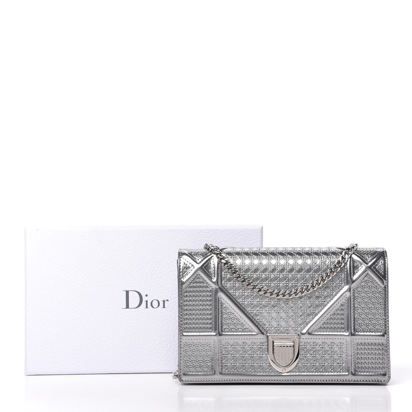 Metallic Patent Micro-Cannage Diorama Wallet on Chain Pouch Silver