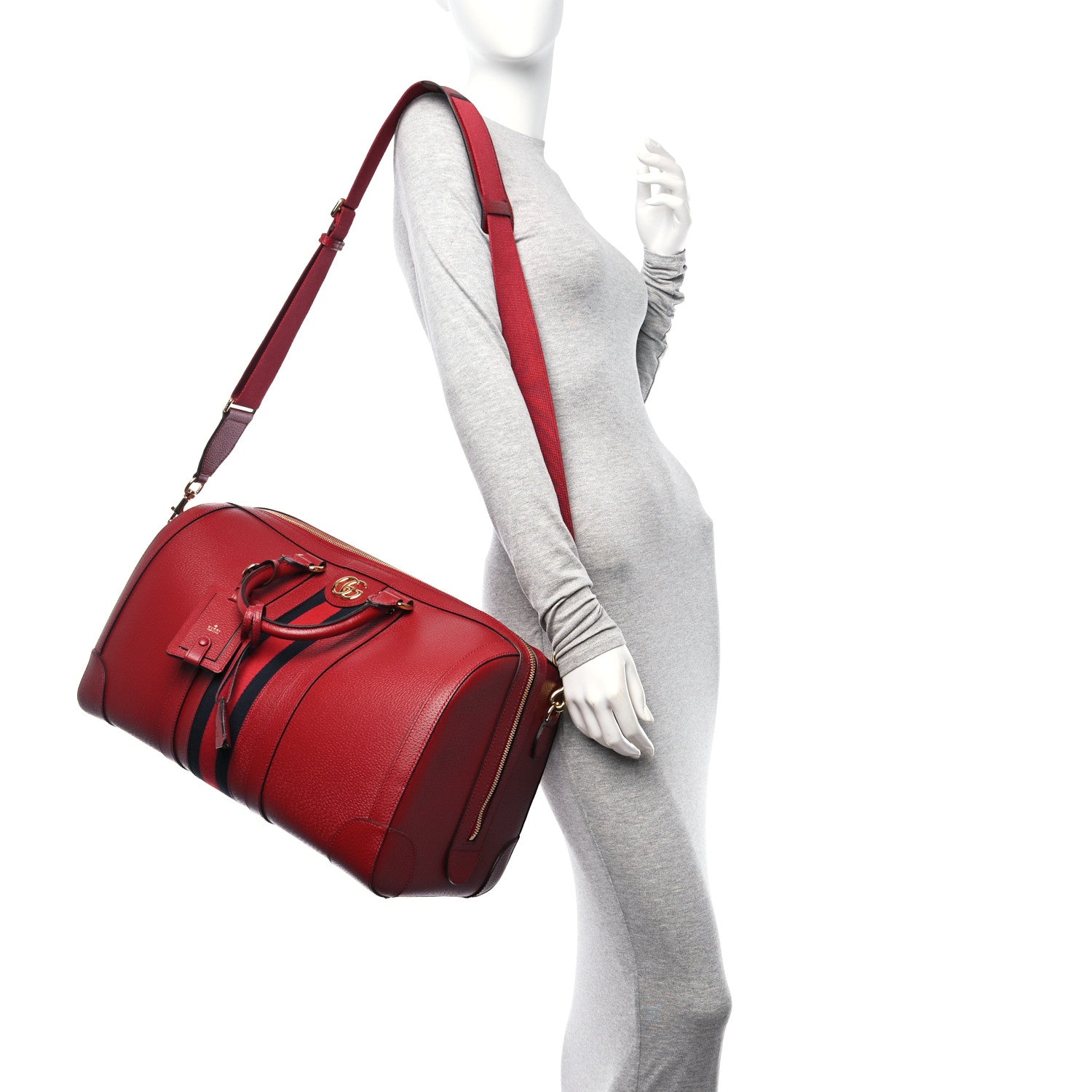 Gucci Textured Dollar Calfskin Web Medium Savoy Duffle Bag Red 2 of 10