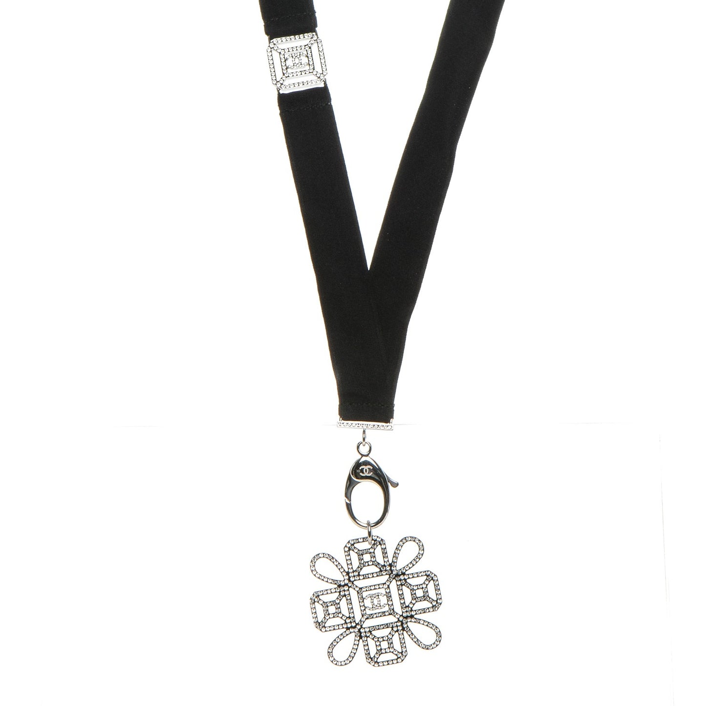 Crystal CC Lanyard Necklace Black Silver
