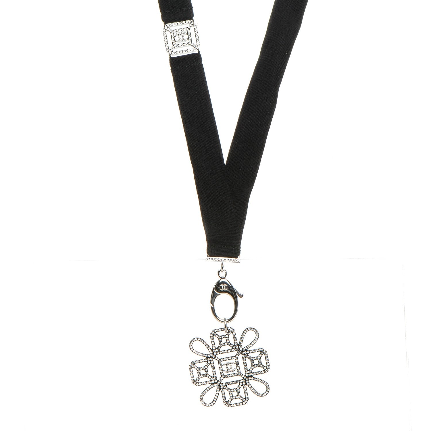 Chanel Crystal CC Lanyard Necklace Black Silver 1 of 6