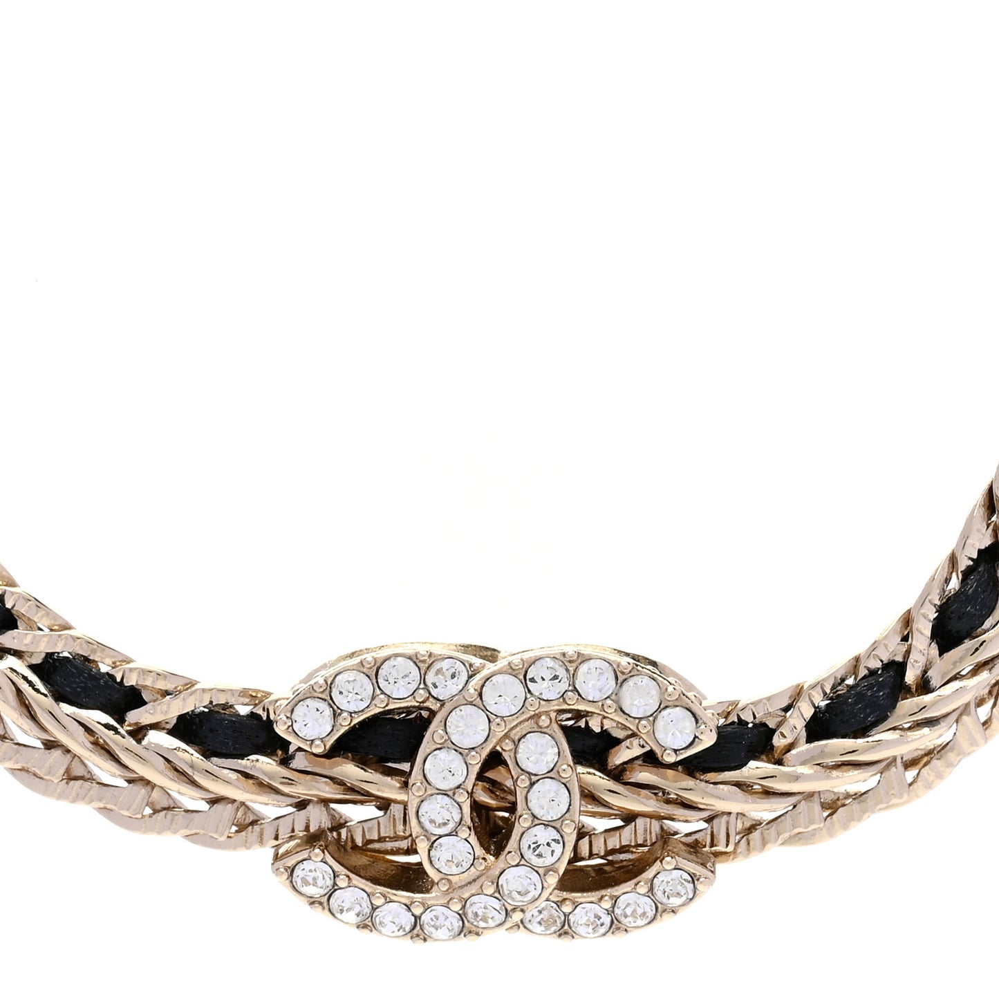 Metal Lambskin Crystal Chain CC Necklace Black Gold
