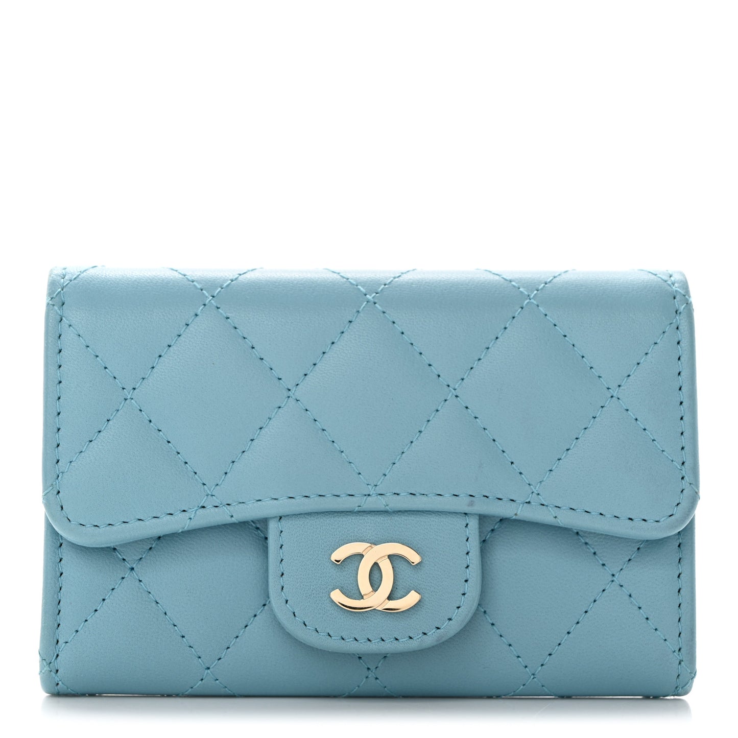 Lambskin Quilted Flap Card Holder Wallet Light Blue