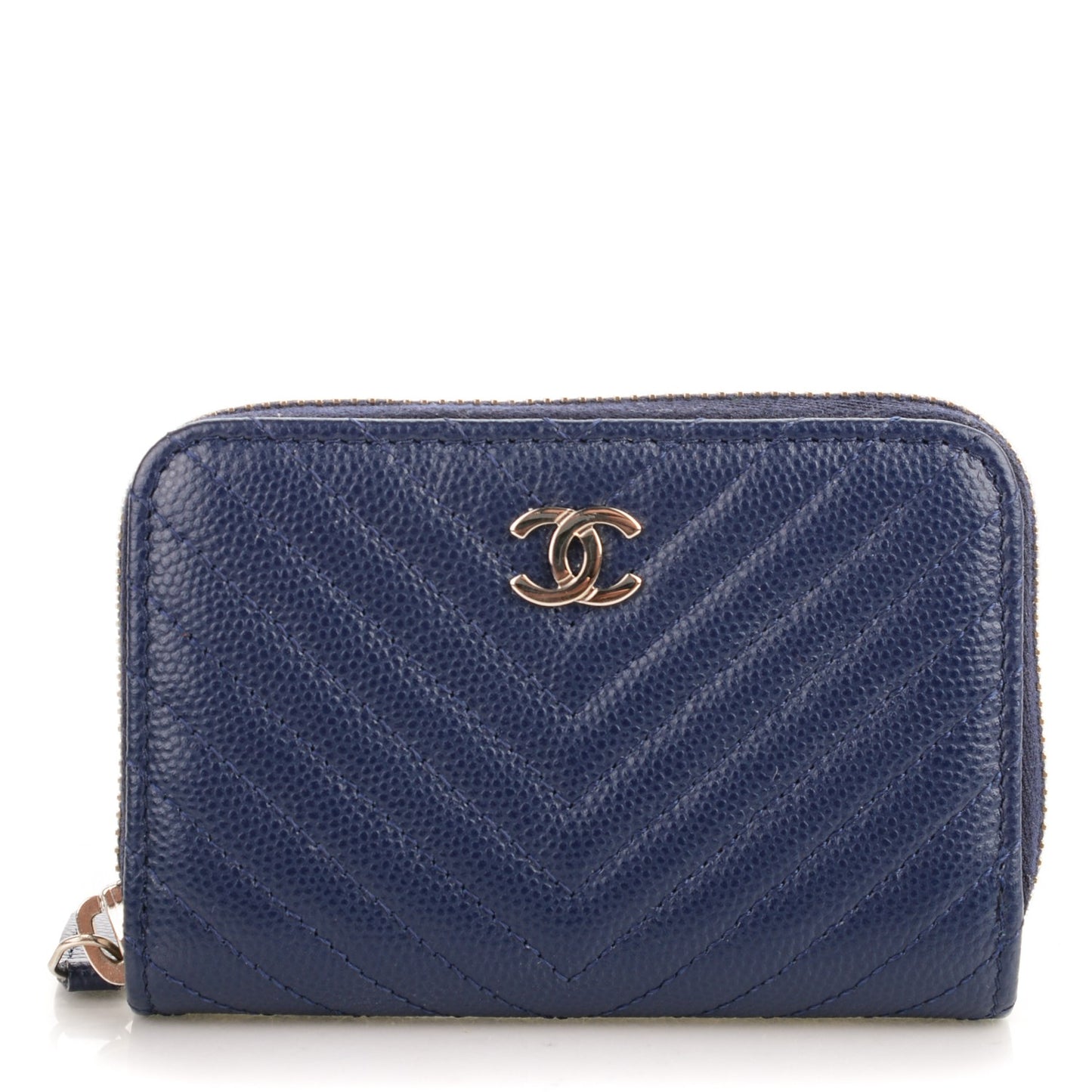 Caviar Chevron Quilted Zip Around Coin Purse Navy Blue