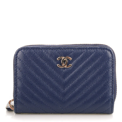 Chanel Caviar Chevron Quilted Zip Around Coin Purse Navy Blue 1 of 7
