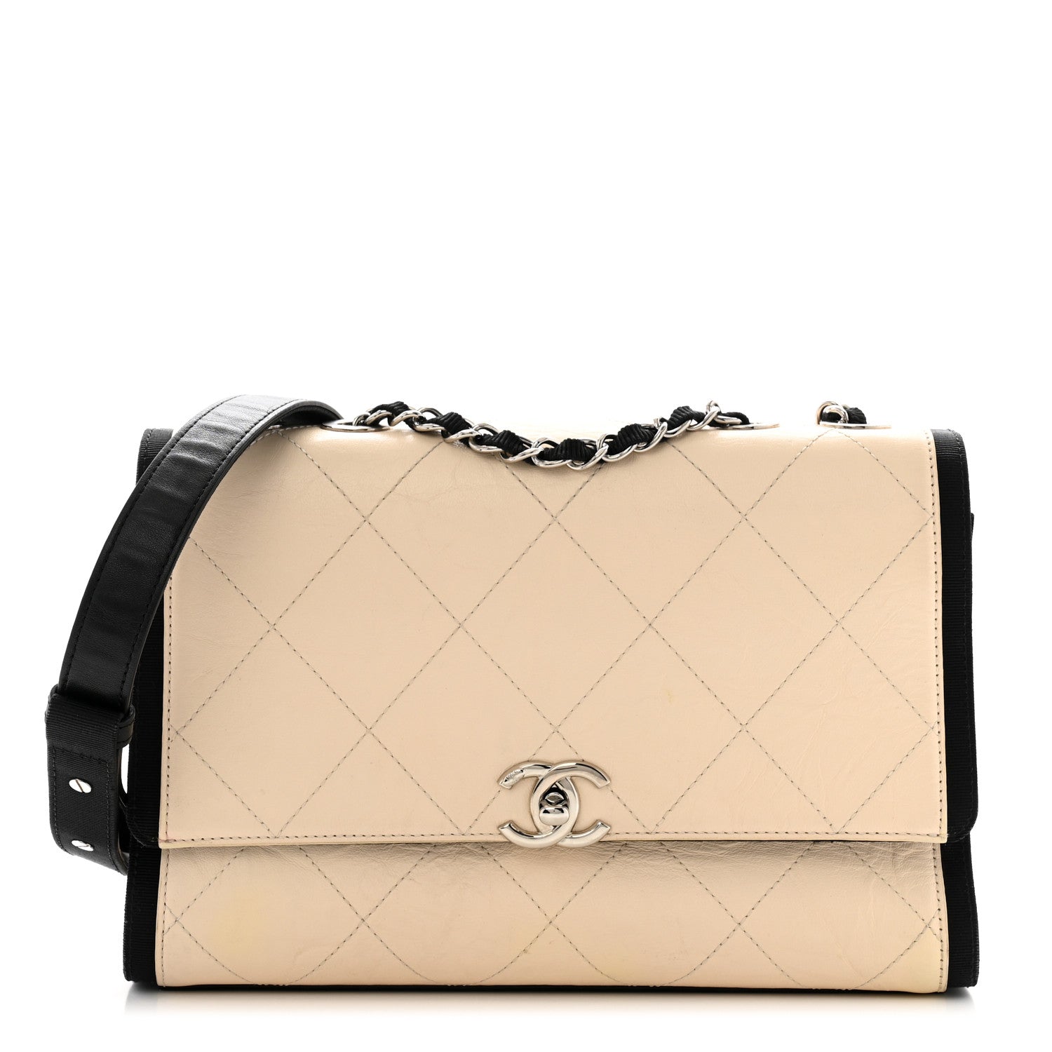 Chanel Aged Calfskin Grosgrain Quilted Chain CC Flap Ivory Black 1 of 13