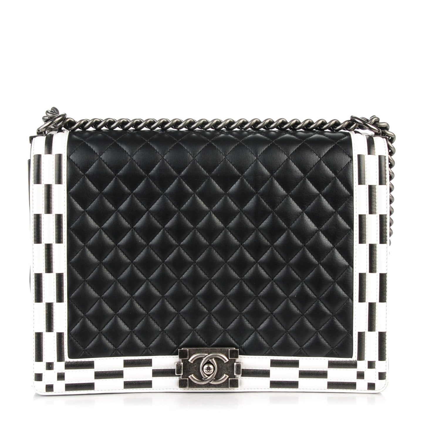 Calfskin Quilted Checkerboard Trim Large Boy Flap Black White