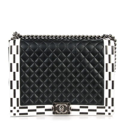 Chanel Calfskin Quilted Checkerboard Trim Large Boy Flap Black White 1 of 8