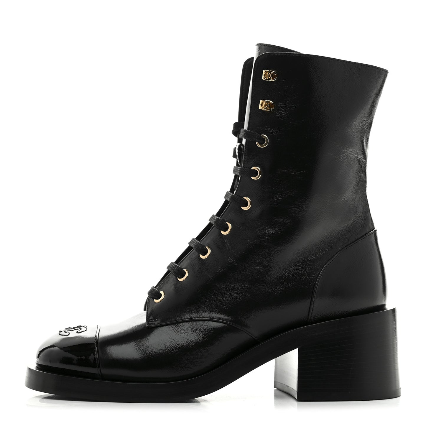 Shiny Calfskin Patent Cap Toe Lace Up Combat Boots 39 Black