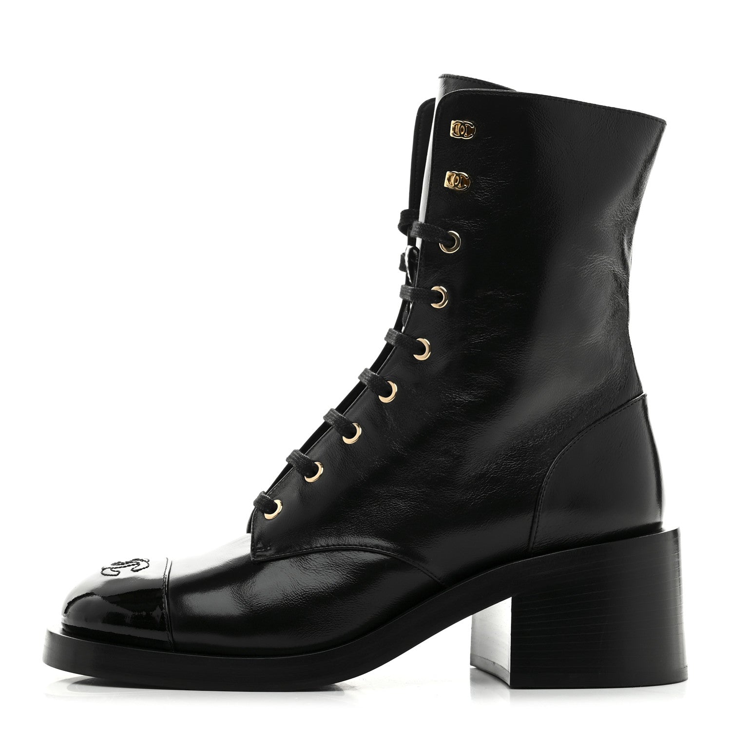 Chanel Shiny Calfskin Patent Cap Toe Lace Up Combat Boots 39 Black 1 of 9