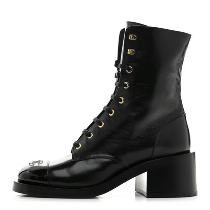 Chanel Shiny Calfskin Patent Cap Toe Lace Up Combat Boots 39 Black 1 of 9