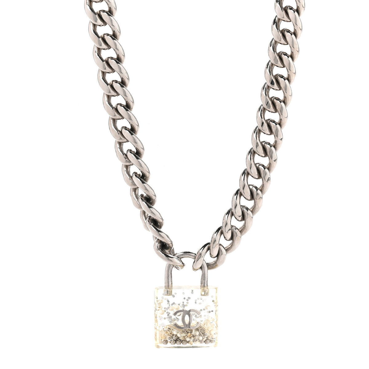 Resin CC Oversized Padlock Chain Necklace Silver Pearly White
